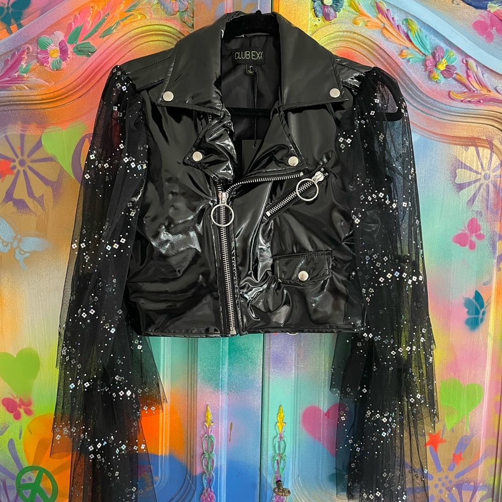 BNWT Dolls Kill Lunar Fantasy Ruffle Festival Black Sequin Fringe Moto Jacket